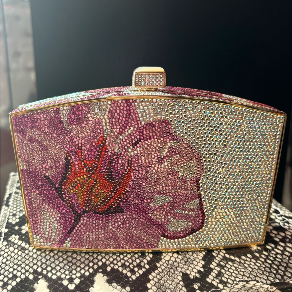 Judith Leiber minaudiere in pink and clear crystal floral pattern